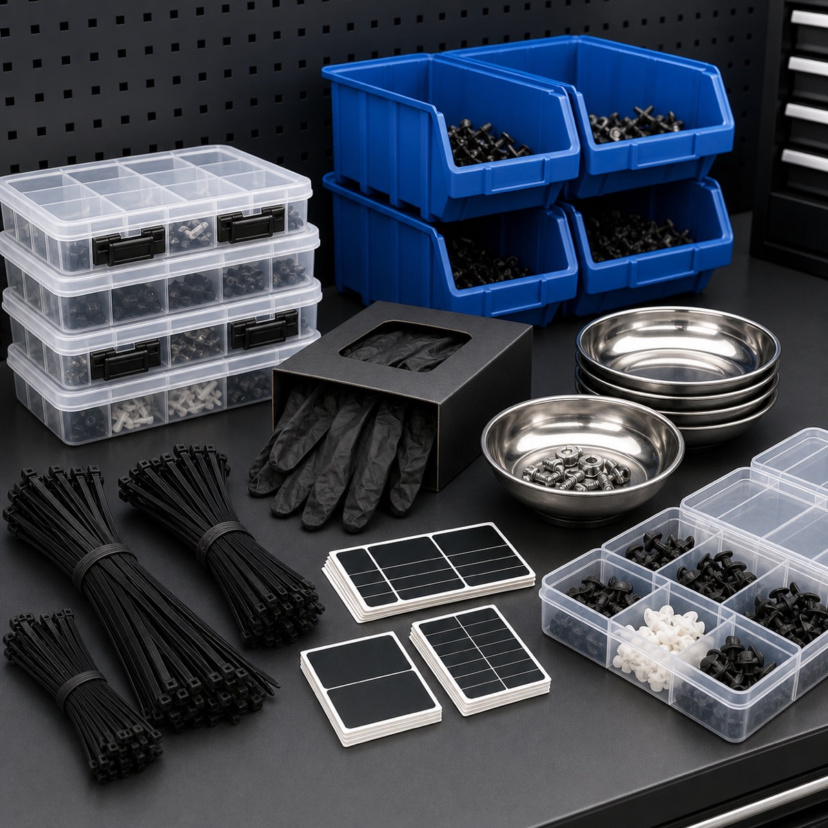 Organised garage consumables including trim clip boxes, masking tape, sanding discs and detailing cloths